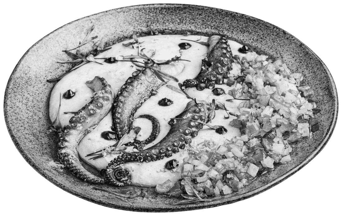 Gravura do prato Polvo com aligot e vinagrete